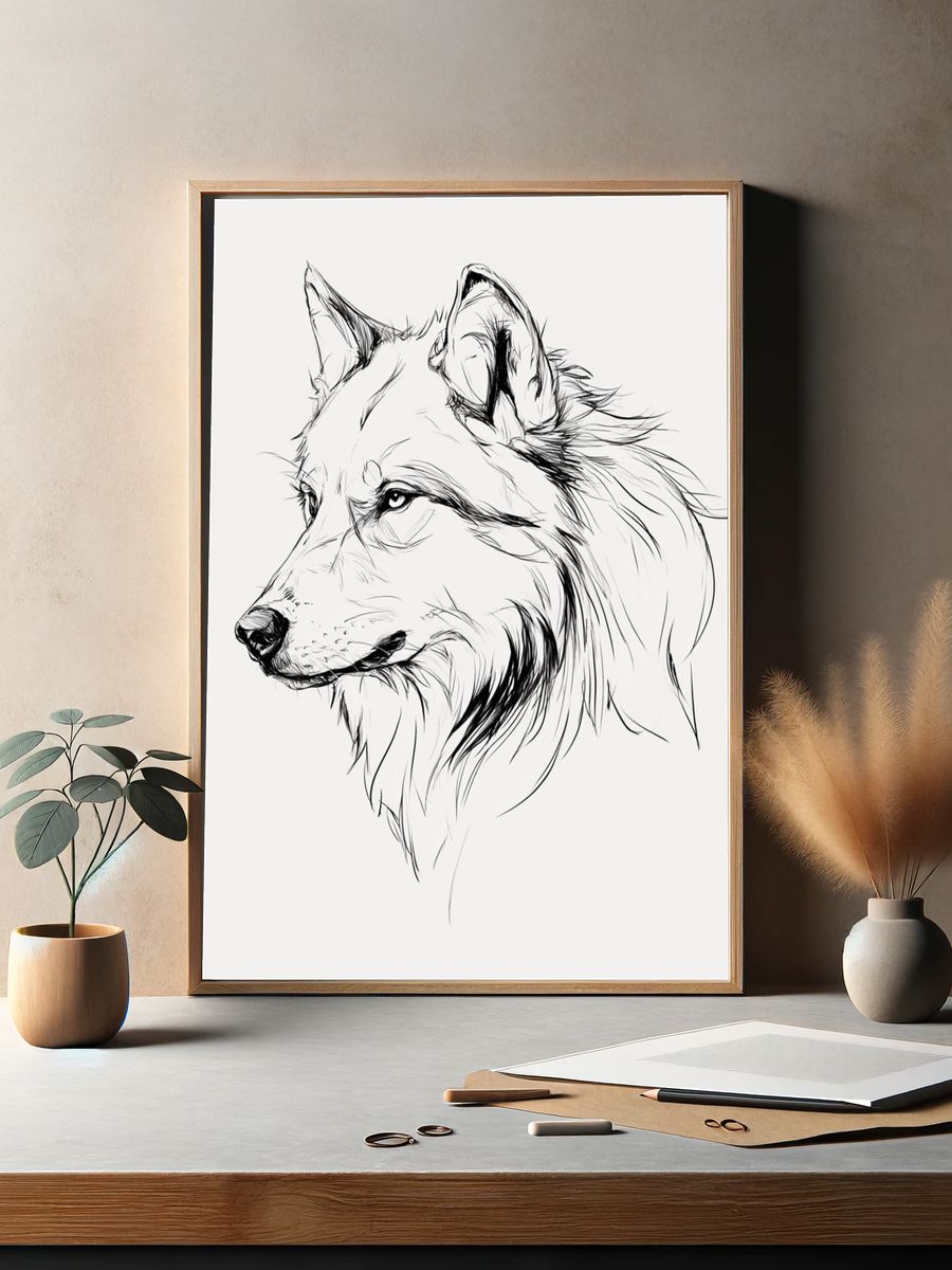 Wolf Line Art Poster. — room view 2