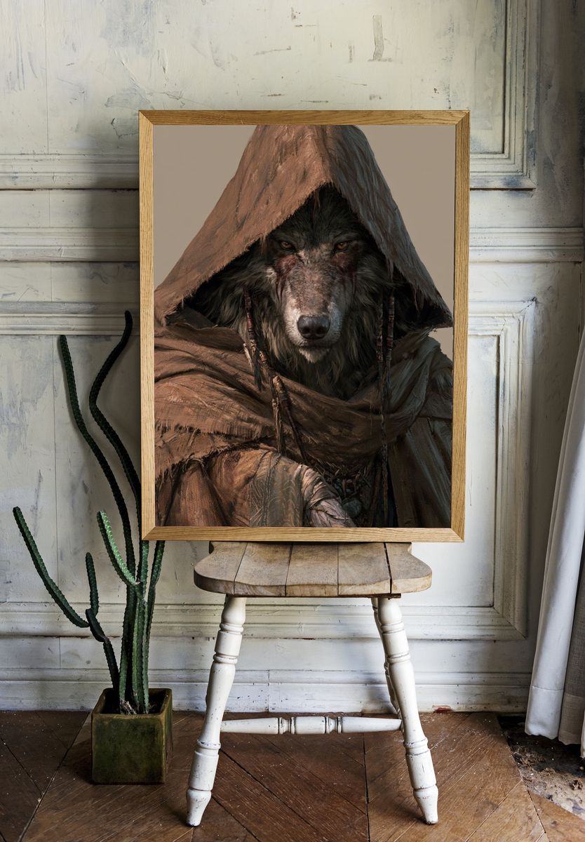 Hooded Wolf Portrait Print. — room view 1