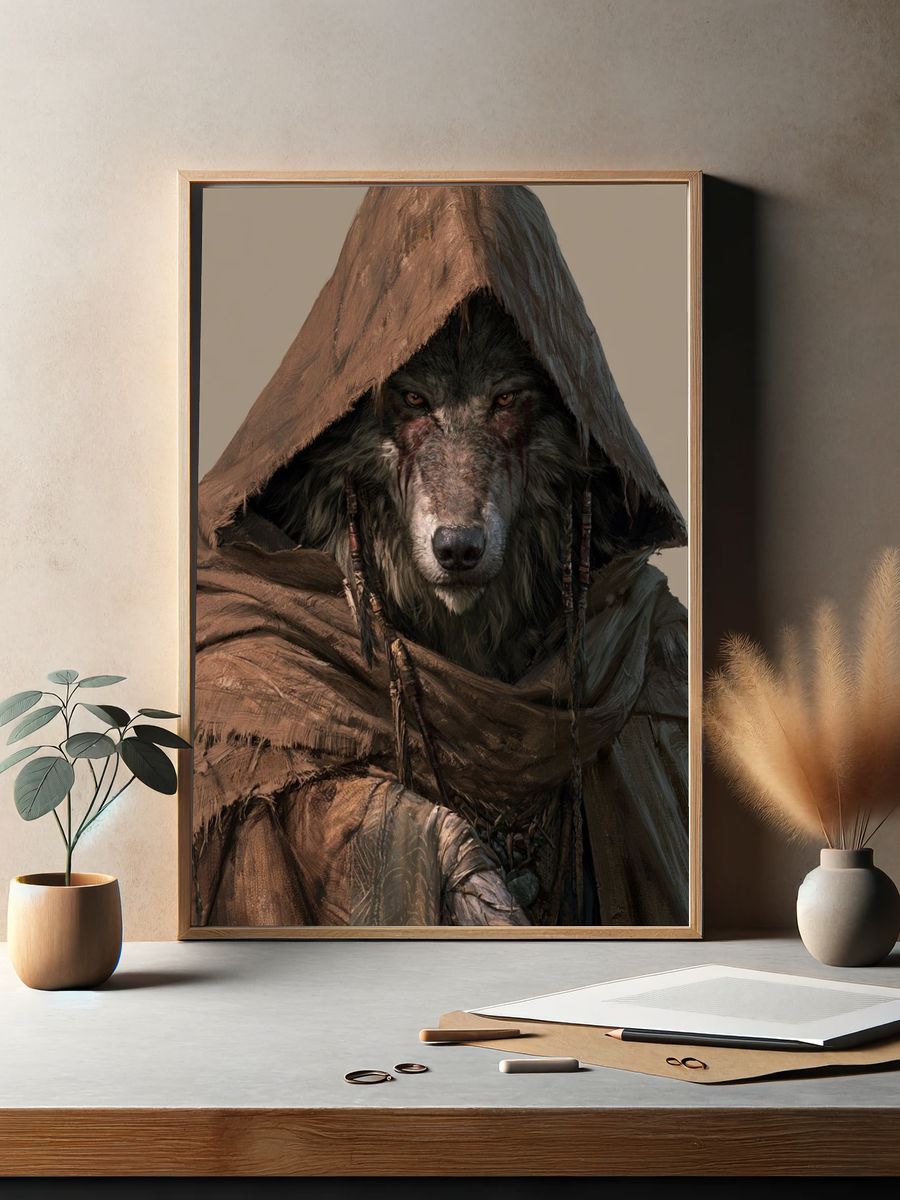 Hooded Wolf Portrait Print. — room view 2