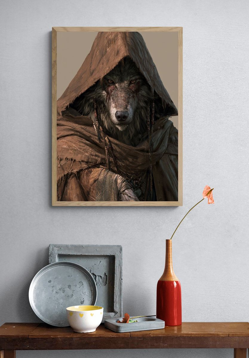 Hooded Wolf Portrait Print. — room view 3
