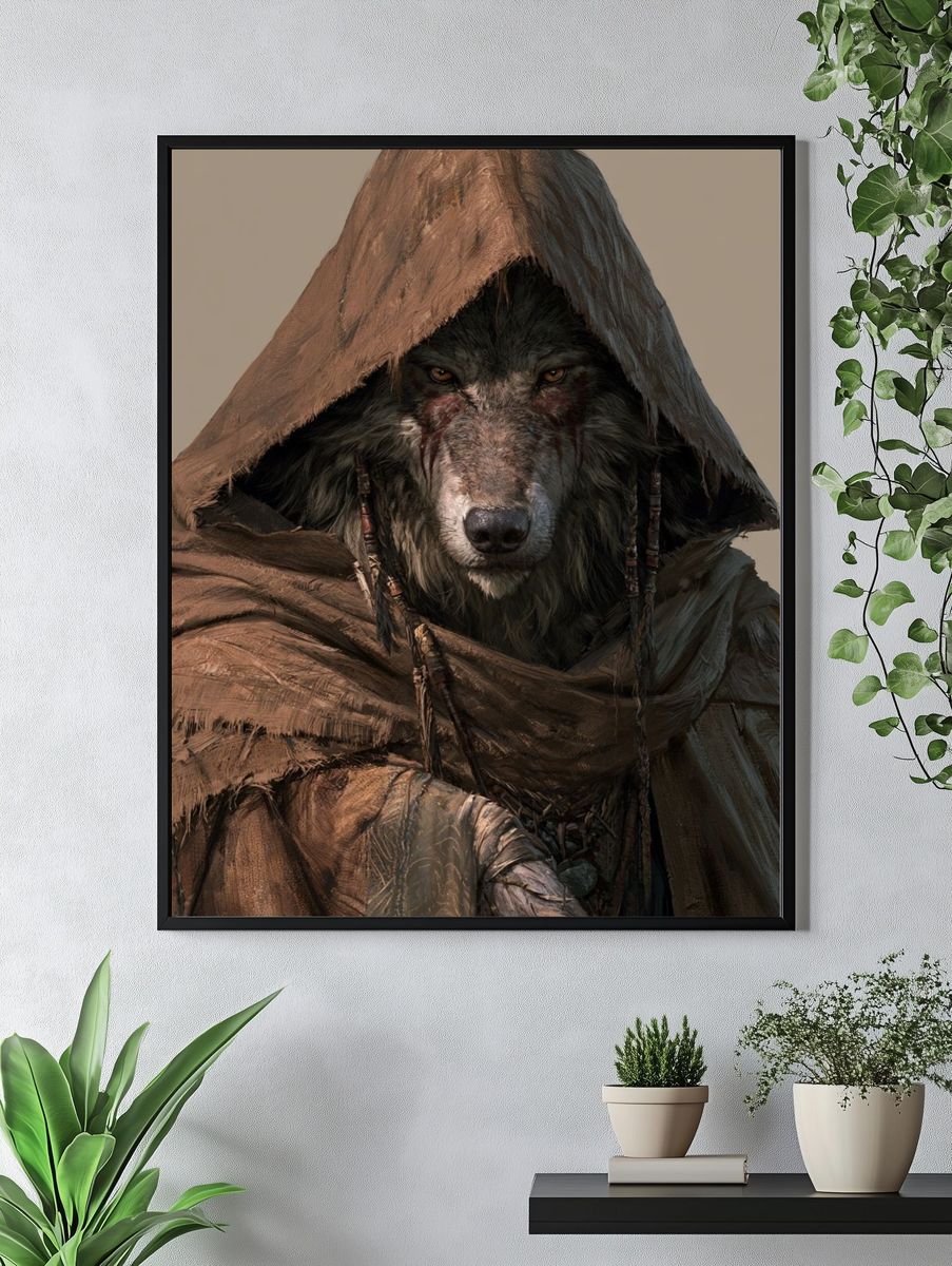 Hooded Wolf Portrait Print. — room view 4