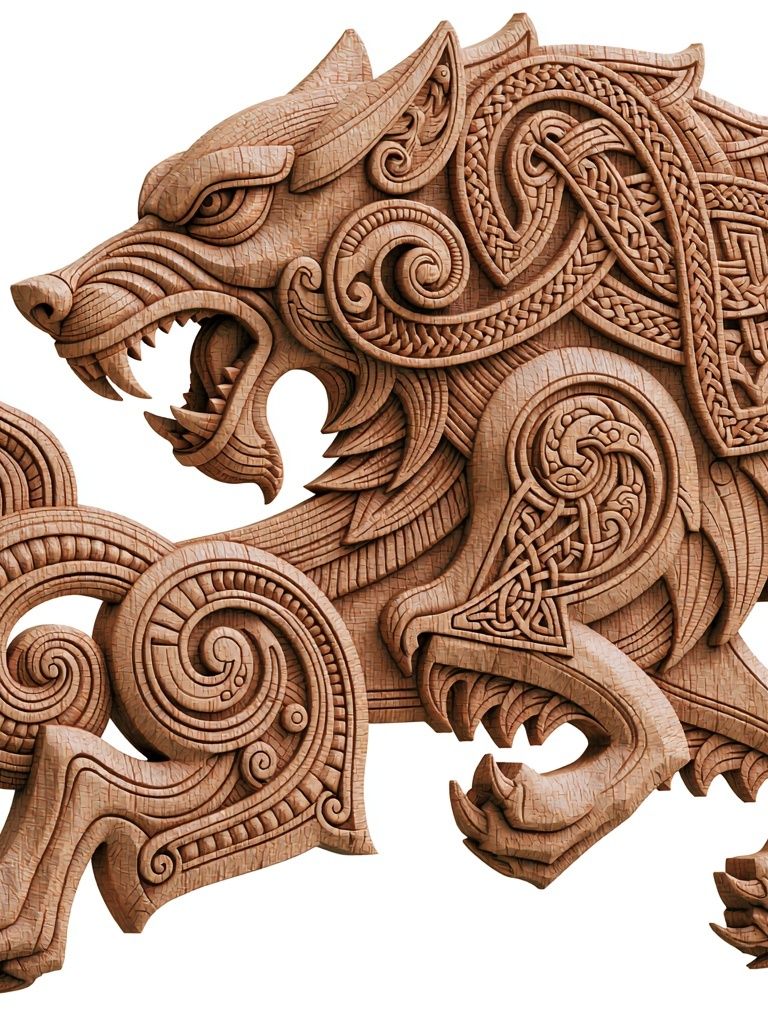 Celtic Wolf Woodcarving Print. poster detail