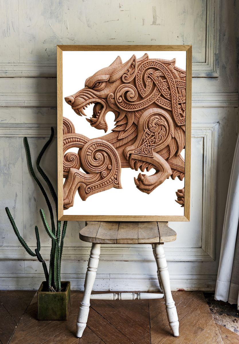 Celtic Wolf Woodcarving Print. room preview