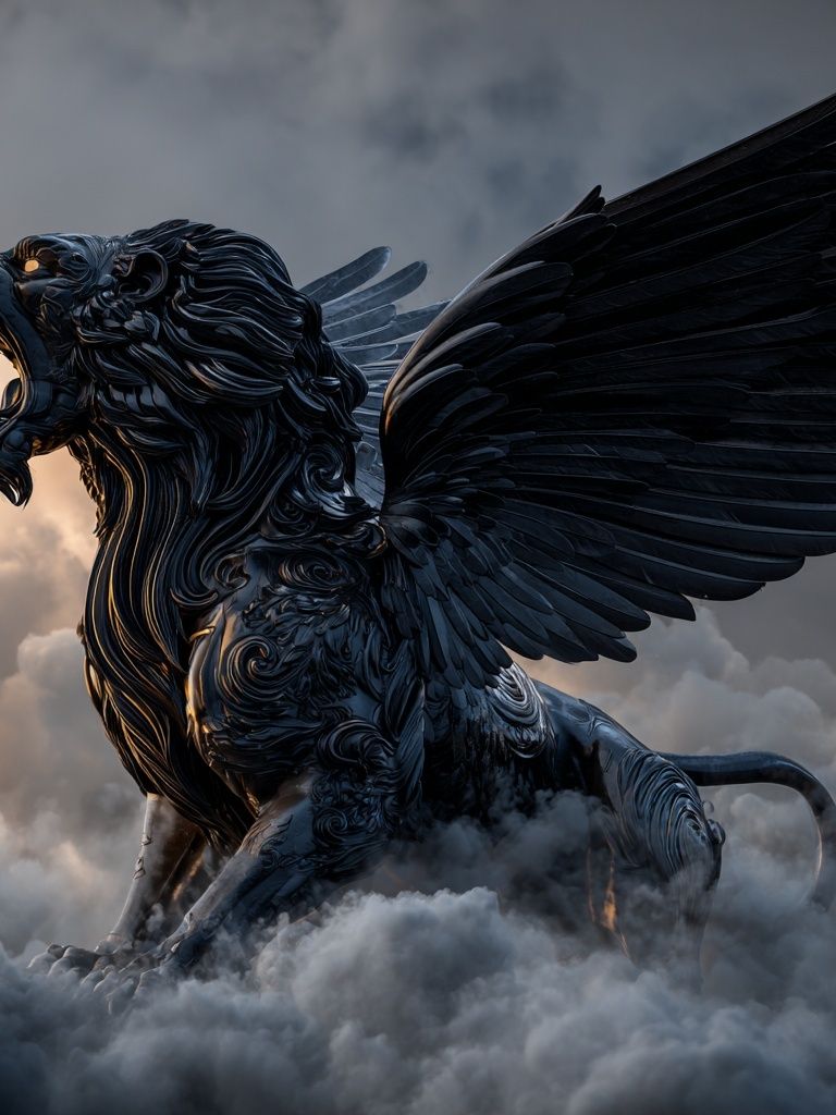 Winged Lion in Storm Clouds Poster. poster detail