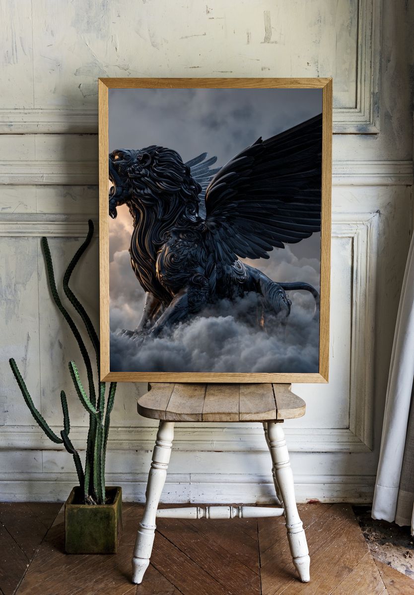 Winged Lion in Storm Clouds Poster. room preview