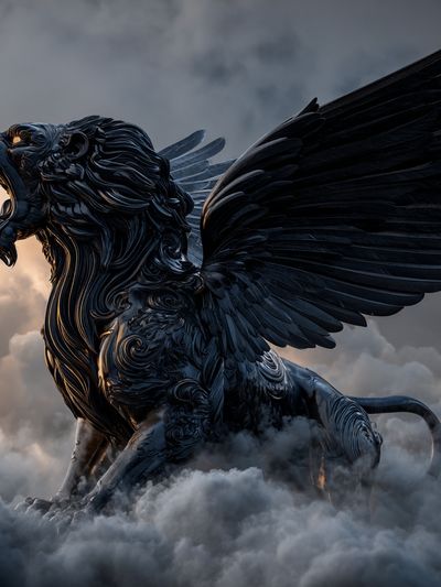 Winged Lion in Storm Clouds Poster. poster