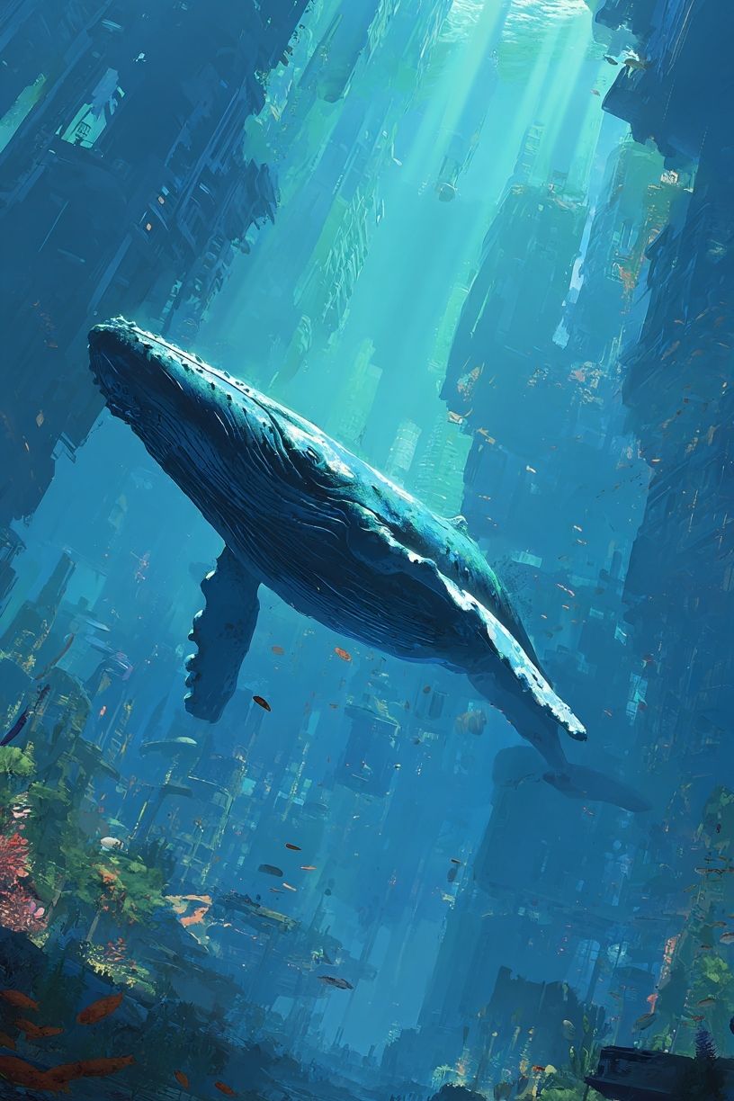 Humpback Whale in Underwater City Poster. poster detail