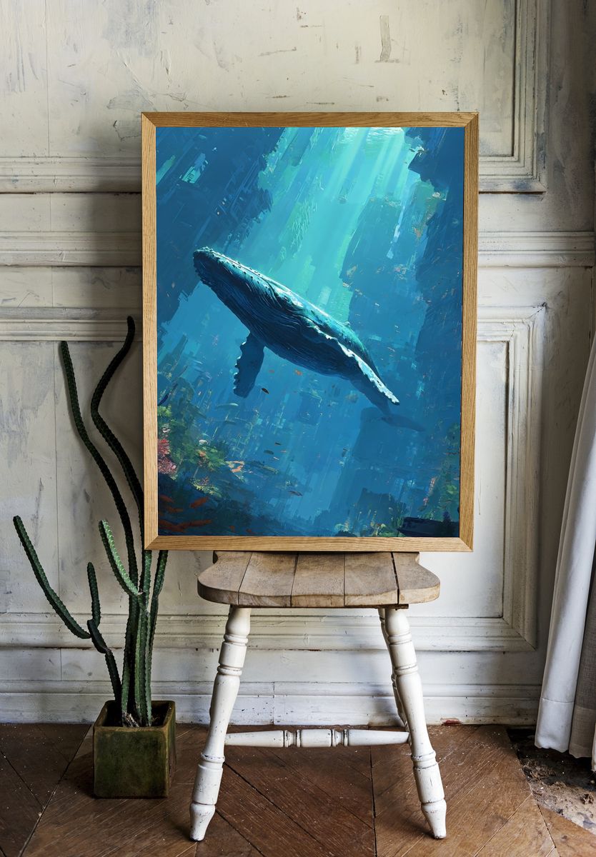 Humpback Whale in Underwater City Poster. — room view 1