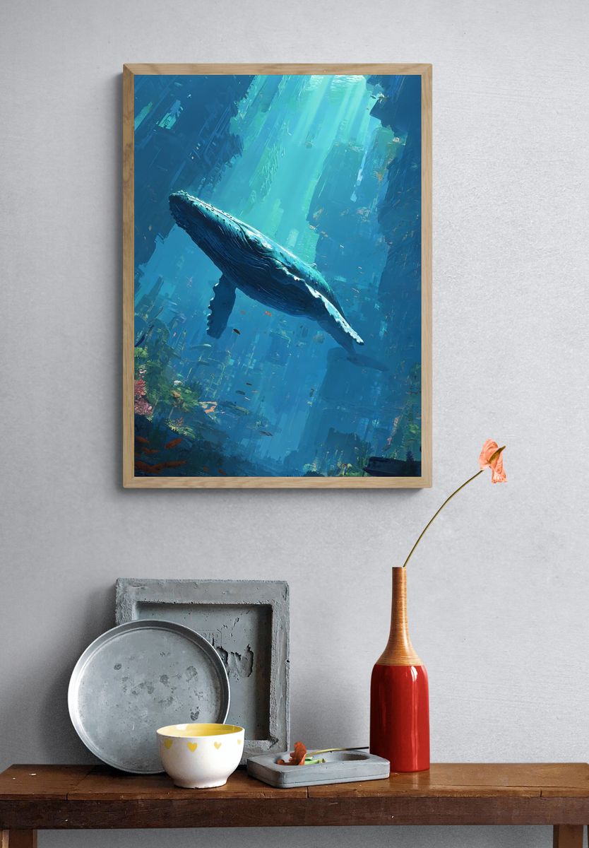 Humpback Whale in Underwater City Poster. — room view 3
