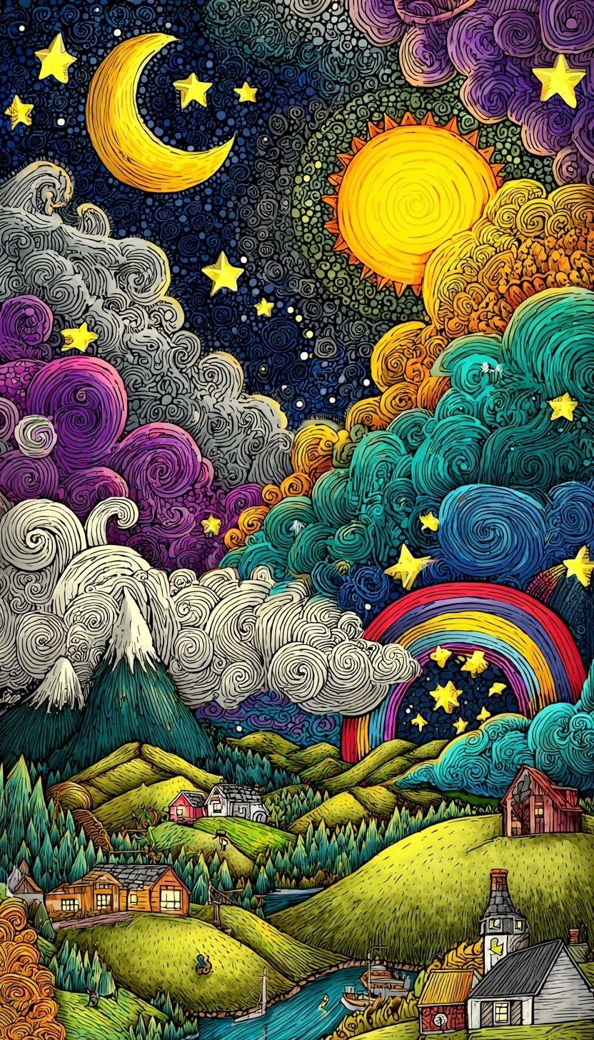 Whimsical Night Sky — Illustration Print. poster — illustration art