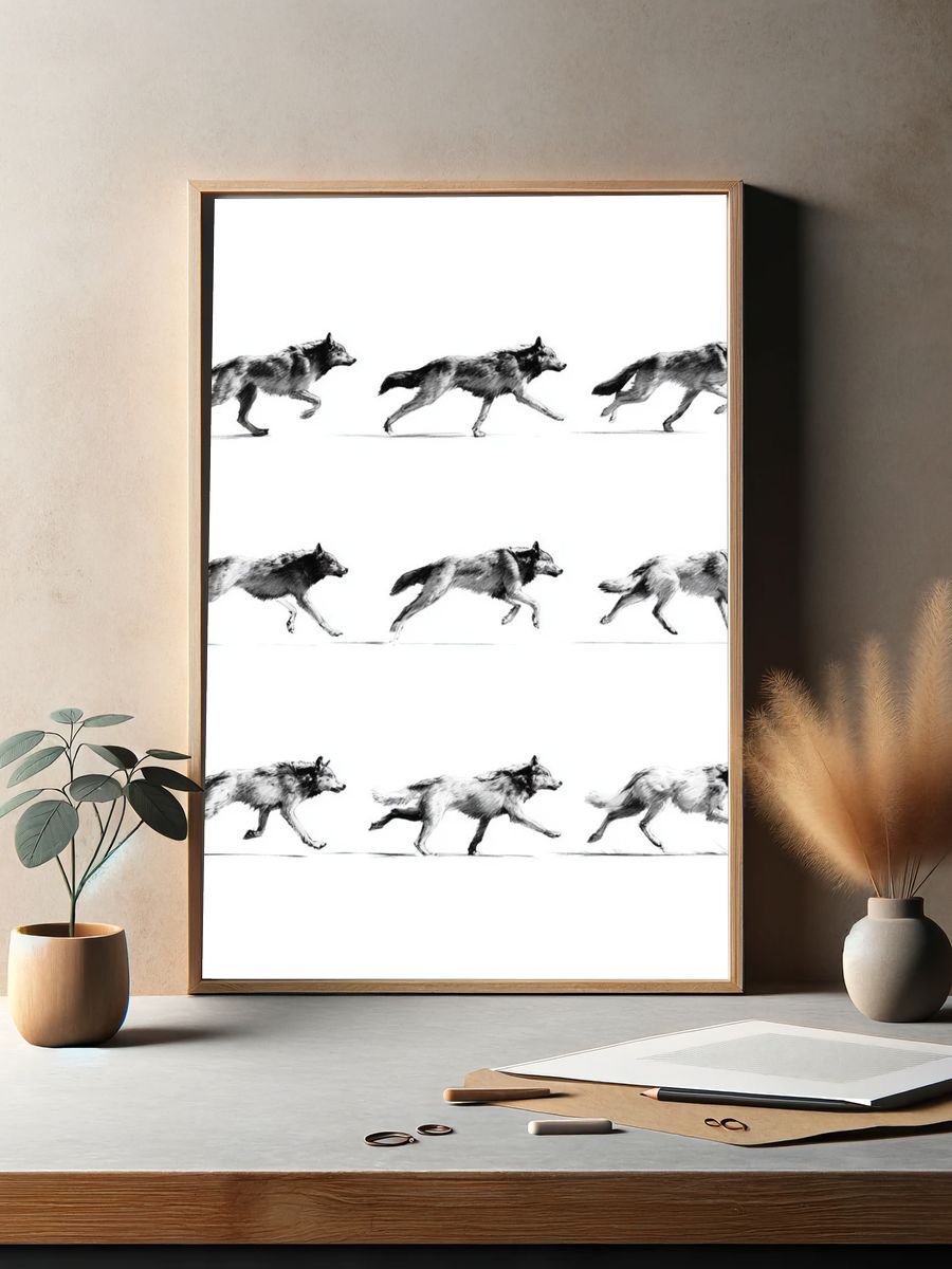 Running Wolves Black-White Print. — room view 2