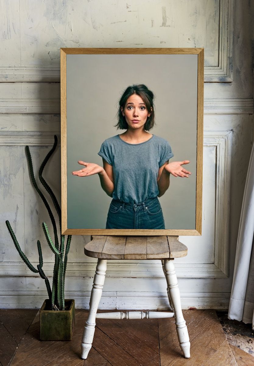 Woman Shrugging Portrait Poster. room preview