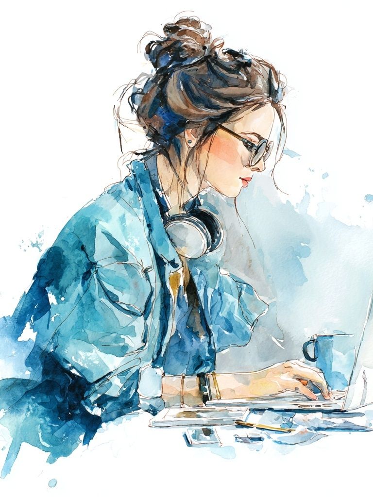 Woman Working — Watercolor Print. poster detail
