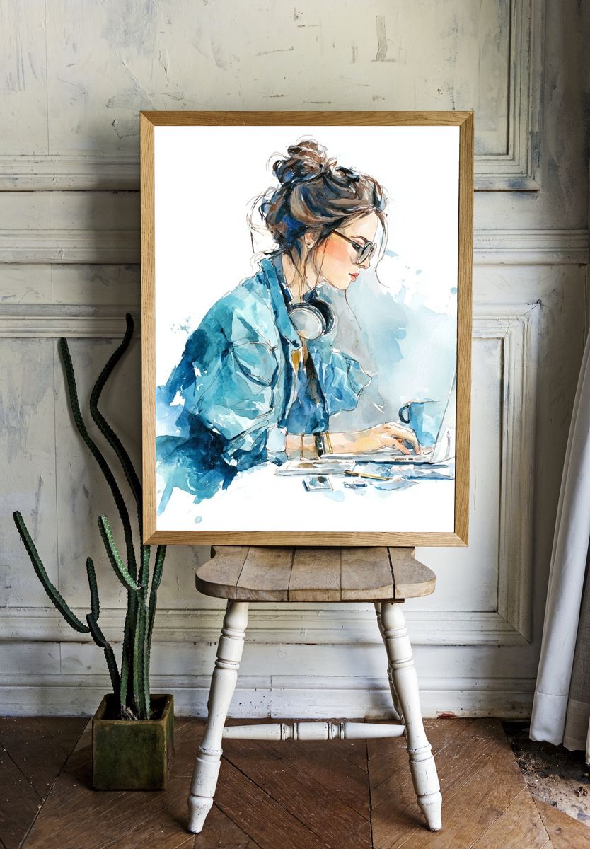 Woman Working — Watercolor Print. room preview