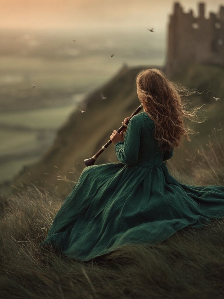 Woman Playing Flute at Sunset — Fine Art Print. poster detail