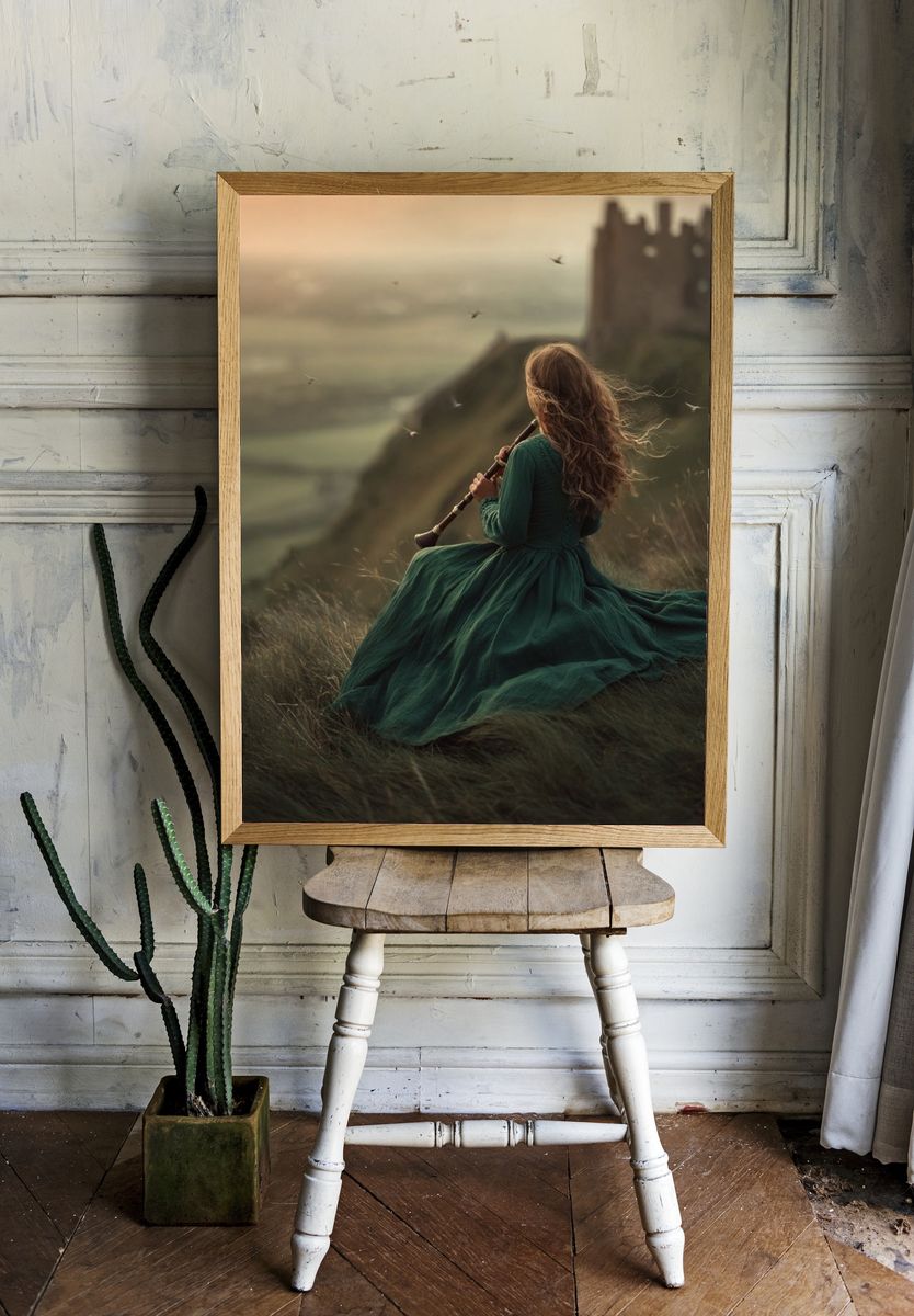 Woman Playing Flute at Sunset — Fine Art Print room preview