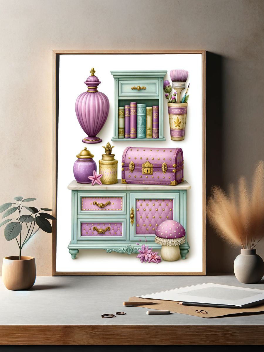 Whimsical Pastel Vanity Illustration Poster. — room view 2