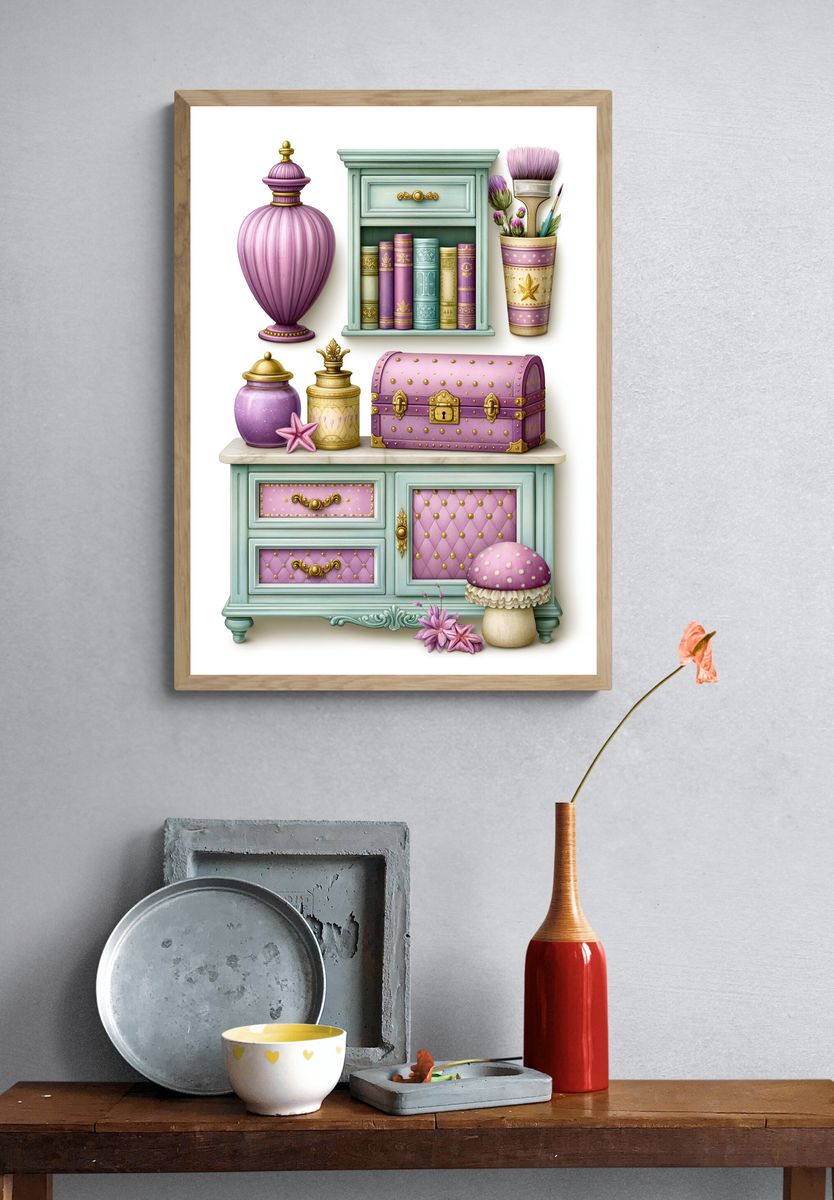 Whimsical Pastel Vanity Illustration Poster. — room view 3