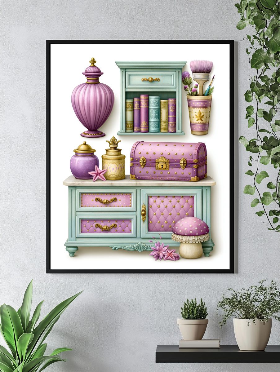 Whimsical Pastel Vanity Illustration Poster. — room view 4