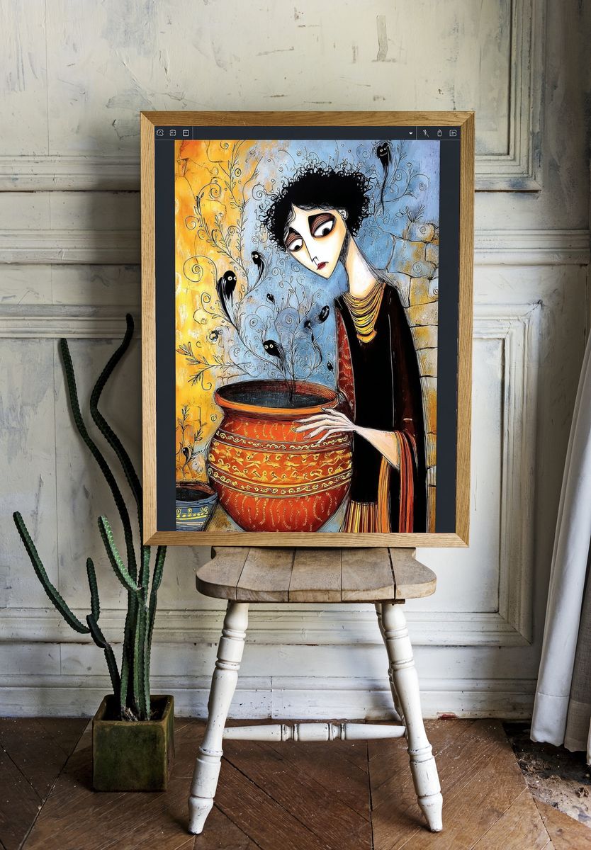 Woman with Pot — Illustration Print room preview