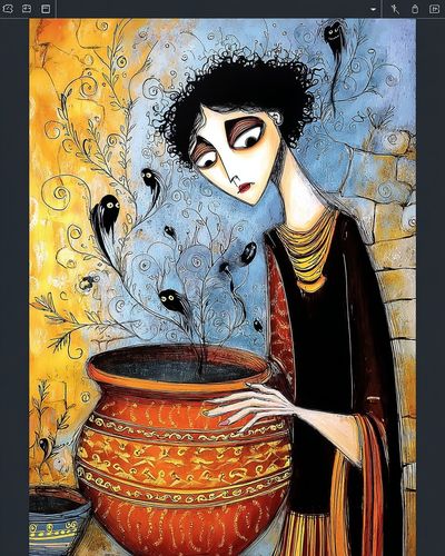 Woman with Pot — Illustration Print. poster