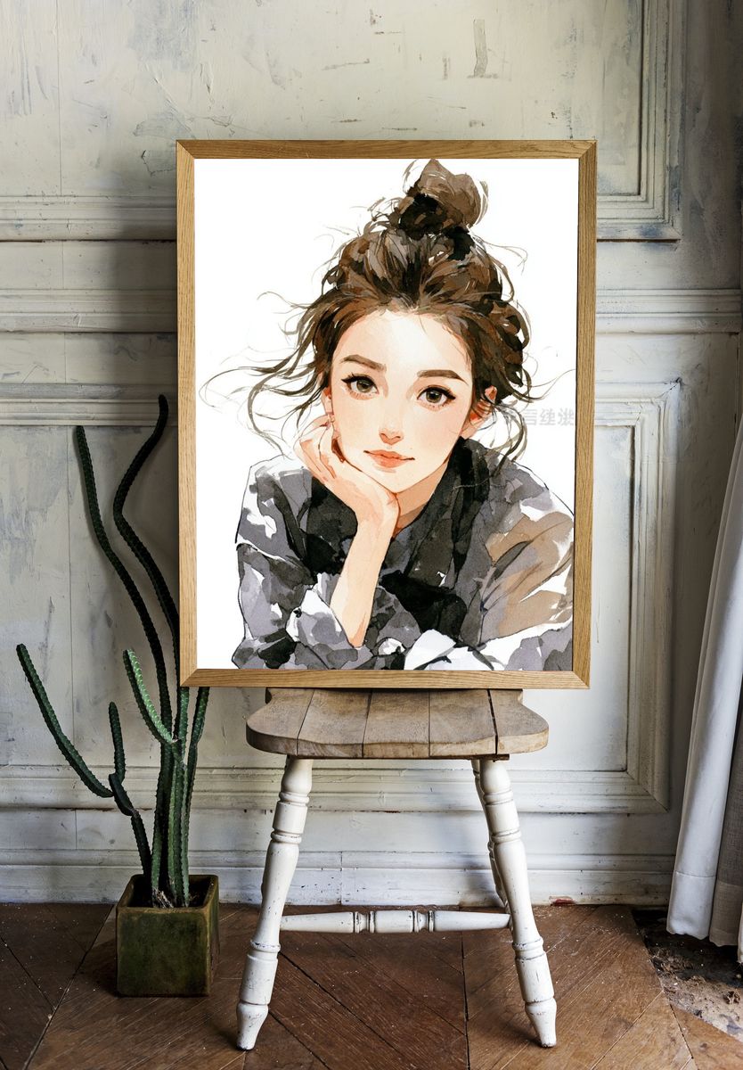 Watercolor Woman Portrait Print. — room view 1