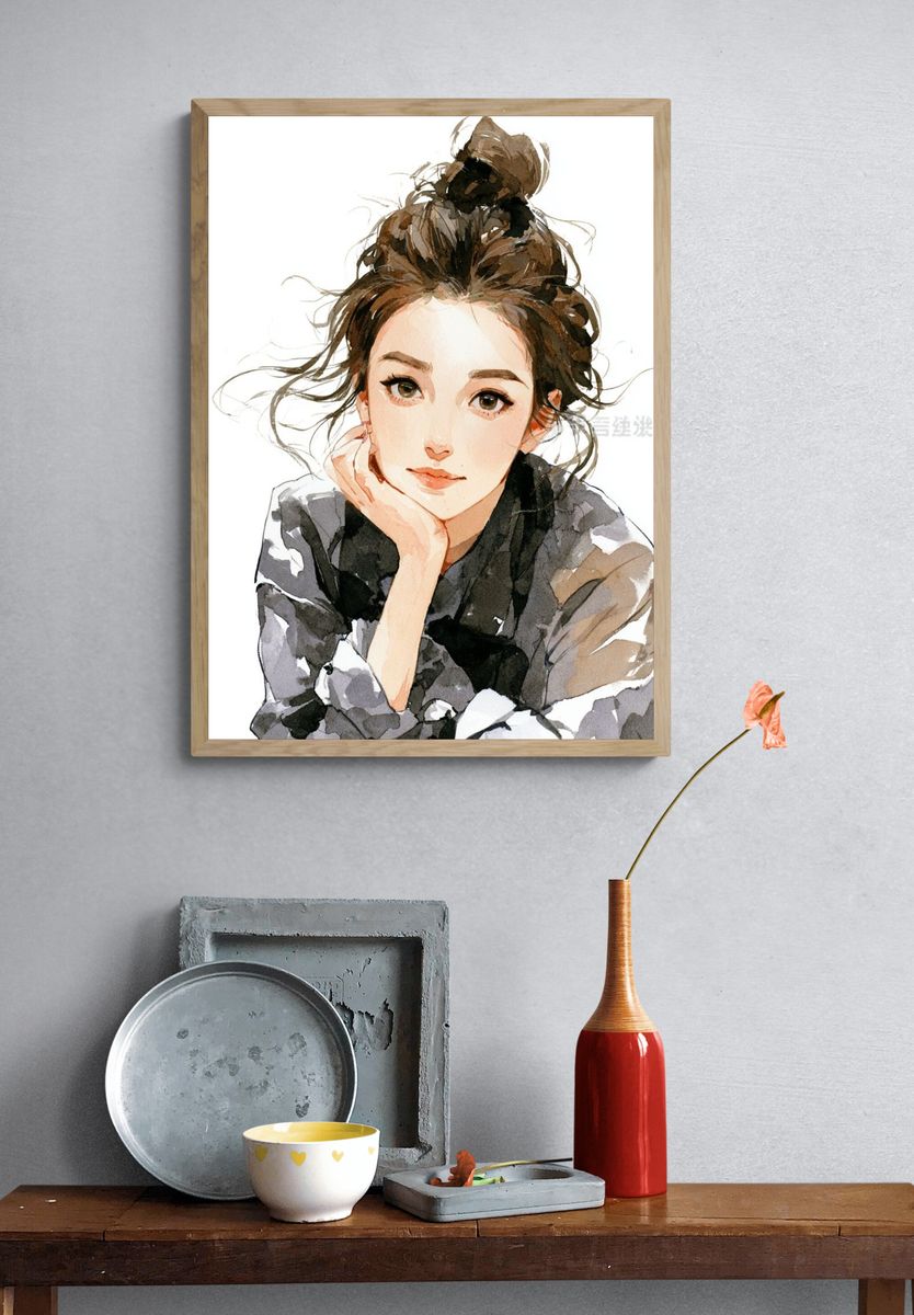Watercolor Woman Portrait Print. — room view 3