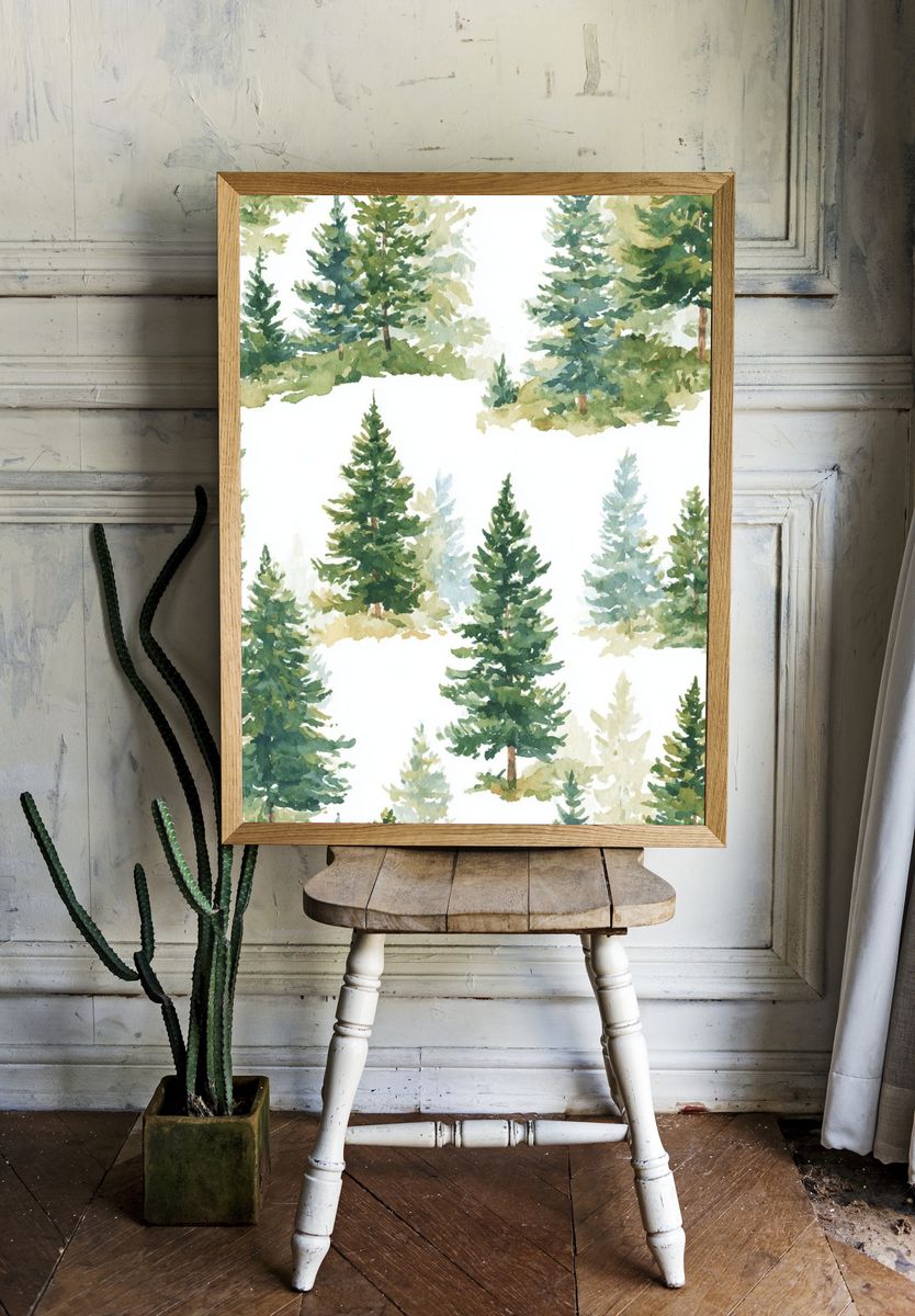 Watercolor Pine Trees Poster. — room view 1