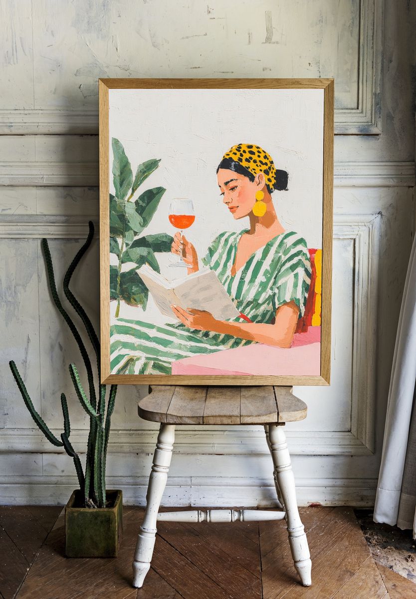 Woman Reading with Wine — Illustration Print. room preview