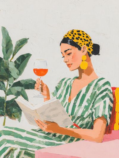Woman Reading with Wine — Illustration Print. poster
