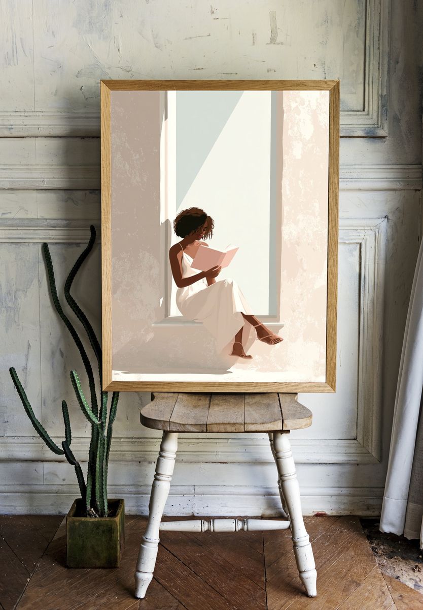 Woman Reading in Sunlight — Illustration Print room preview