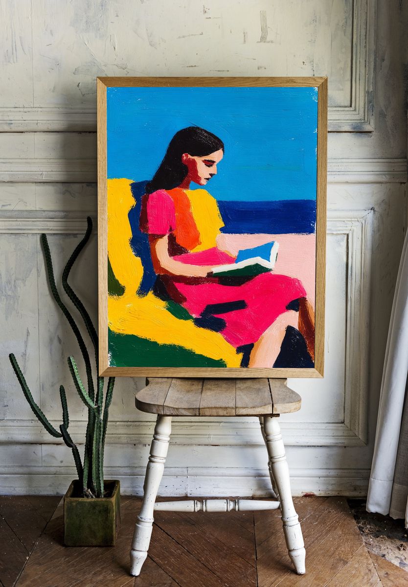 Woman Reading by the Sea — Colorful Print. room preview