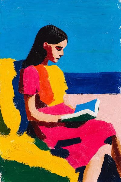 Woman Reading by the Sea — Colorful Print. poster print