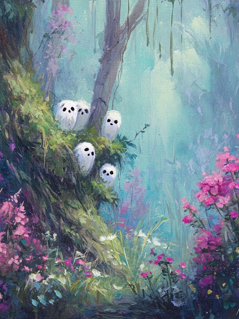 Whimsical Spirits in a Floral Forest — Art Print. poster detail