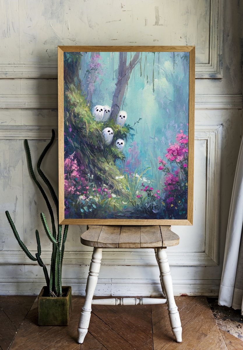 Whimsical Spirits in a Floral Forest — Art Print room preview