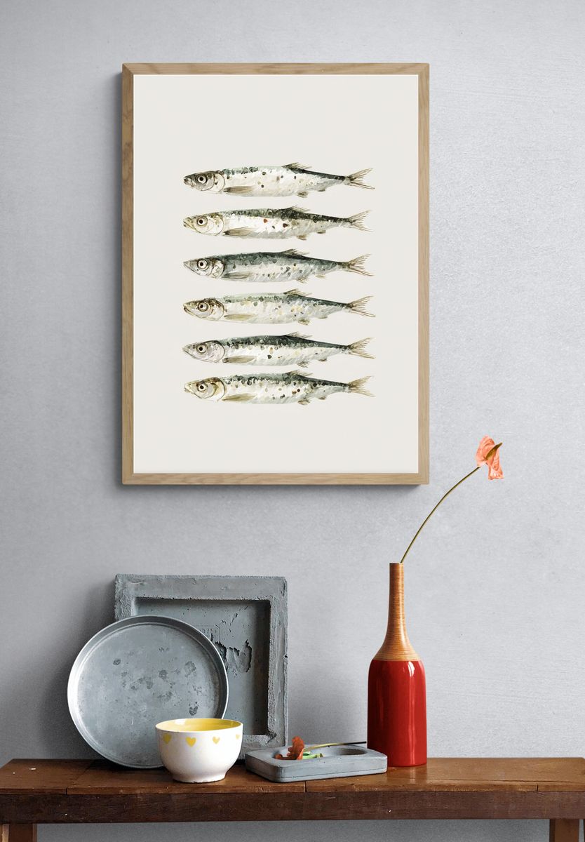 Watercolor Sardines Poster. — room view 3