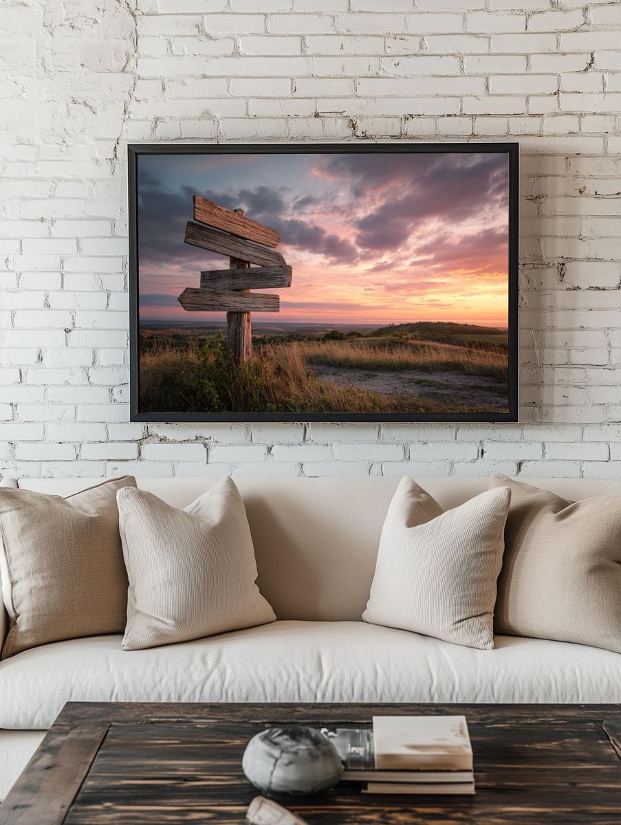 Wooden Signpost at Sunset — Nature Print. — room view 1