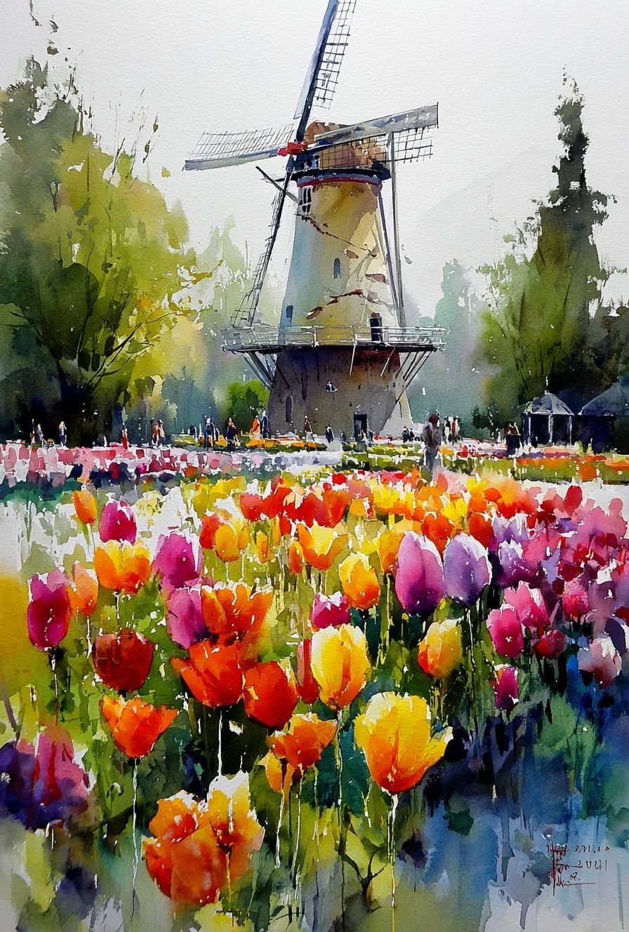 Windmill and Tulip Field — Watercolor Print. poster detail