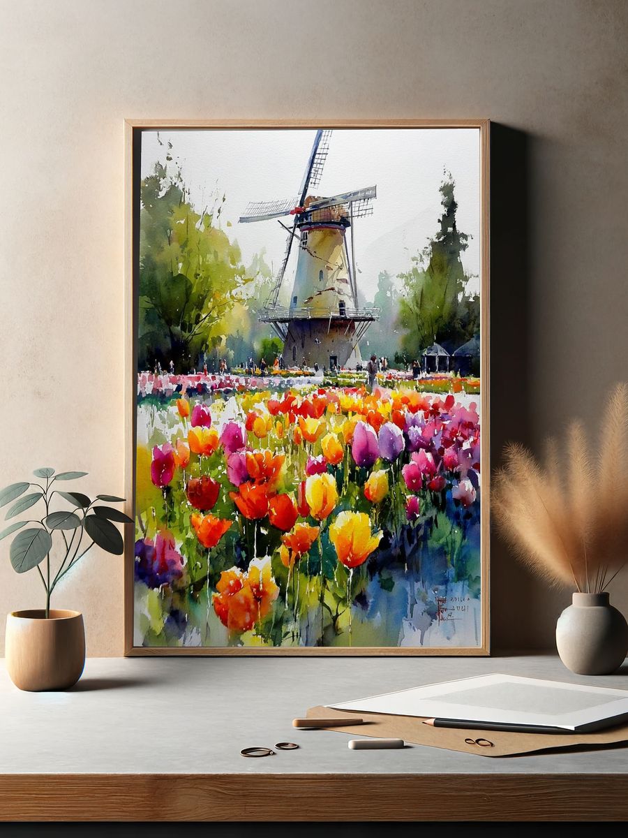 Windmill and Tulip Field — Watercolor Print. — room view 2
