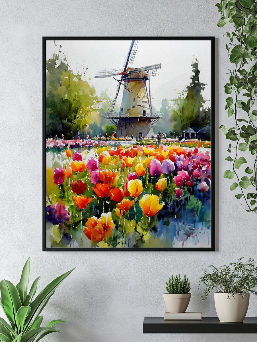 Windmill and Tulip Field — Watercolor Print. — room view 4