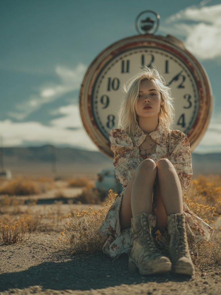 Woman Sitting by Vintage Clock — Photography Print.