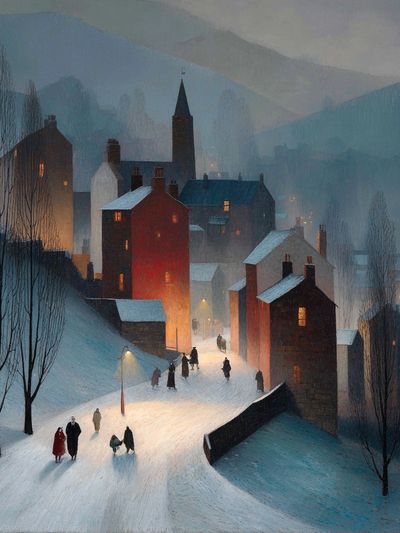 Winter Village Night — Fine Art Print. poster