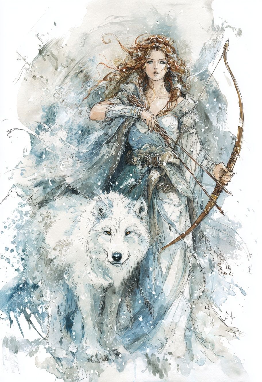 Warrior Woman with Wolf — Watercolor Print.