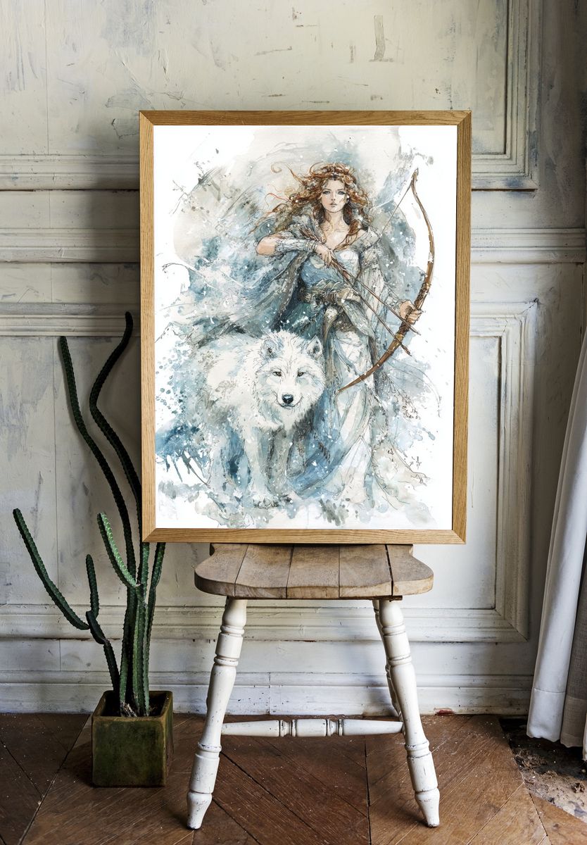Warrior Woman with Wolf — Watercolor Print room preview