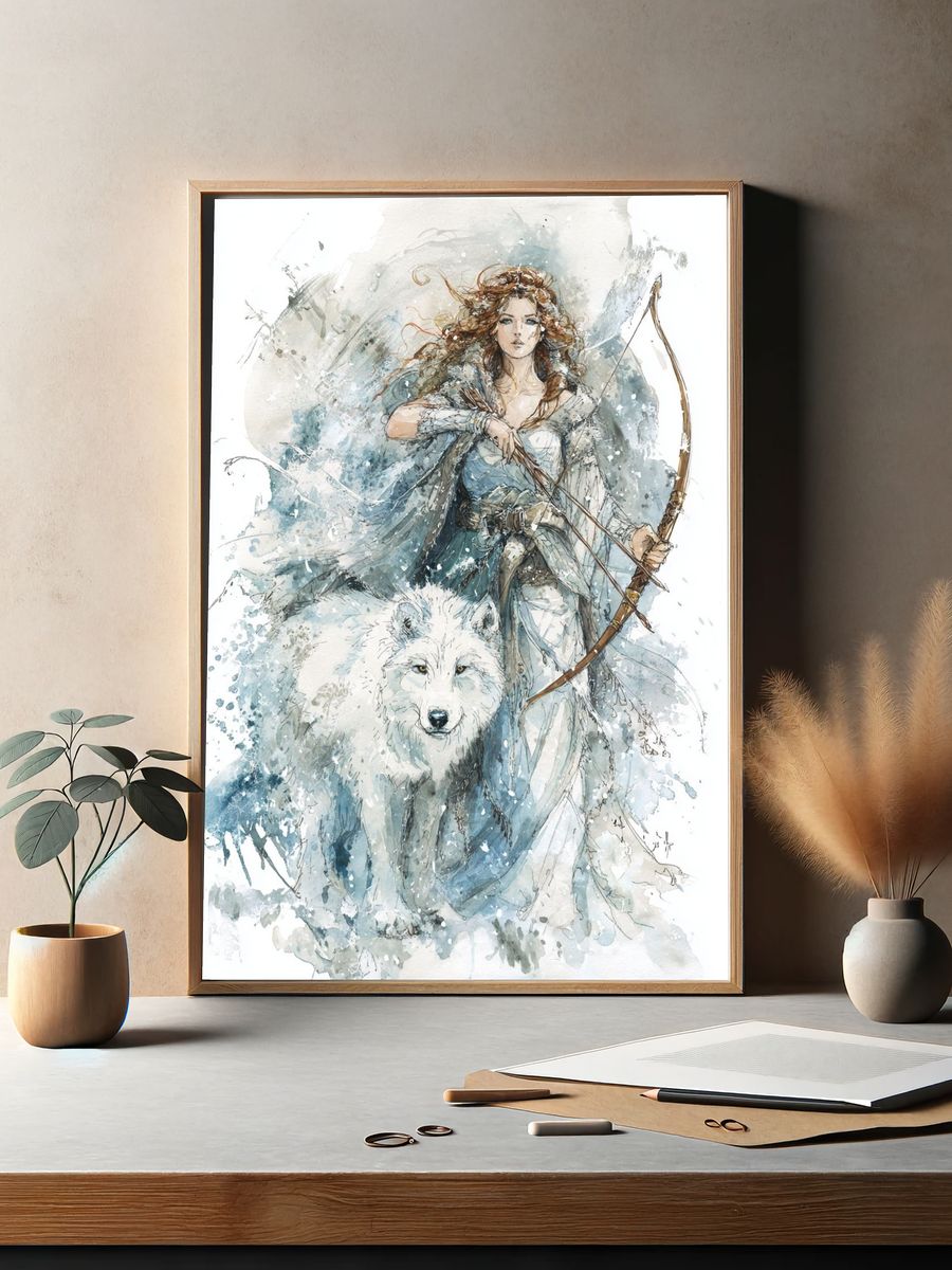 Warrior Woman with Wolf — Watercolor Print. — room view 2