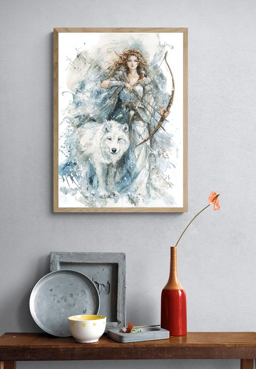 Warrior Woman with Wolf — Watercolor Print. — room view 3