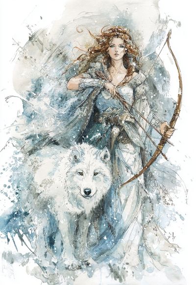 Warrior Woman with Wolf — Watercolor Print. poster print