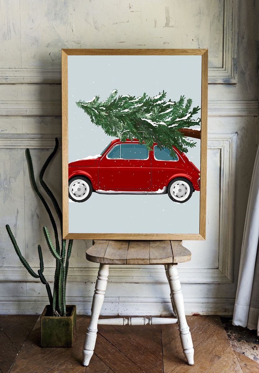 Red Car with Christmas Tree — Holiday Print room preview