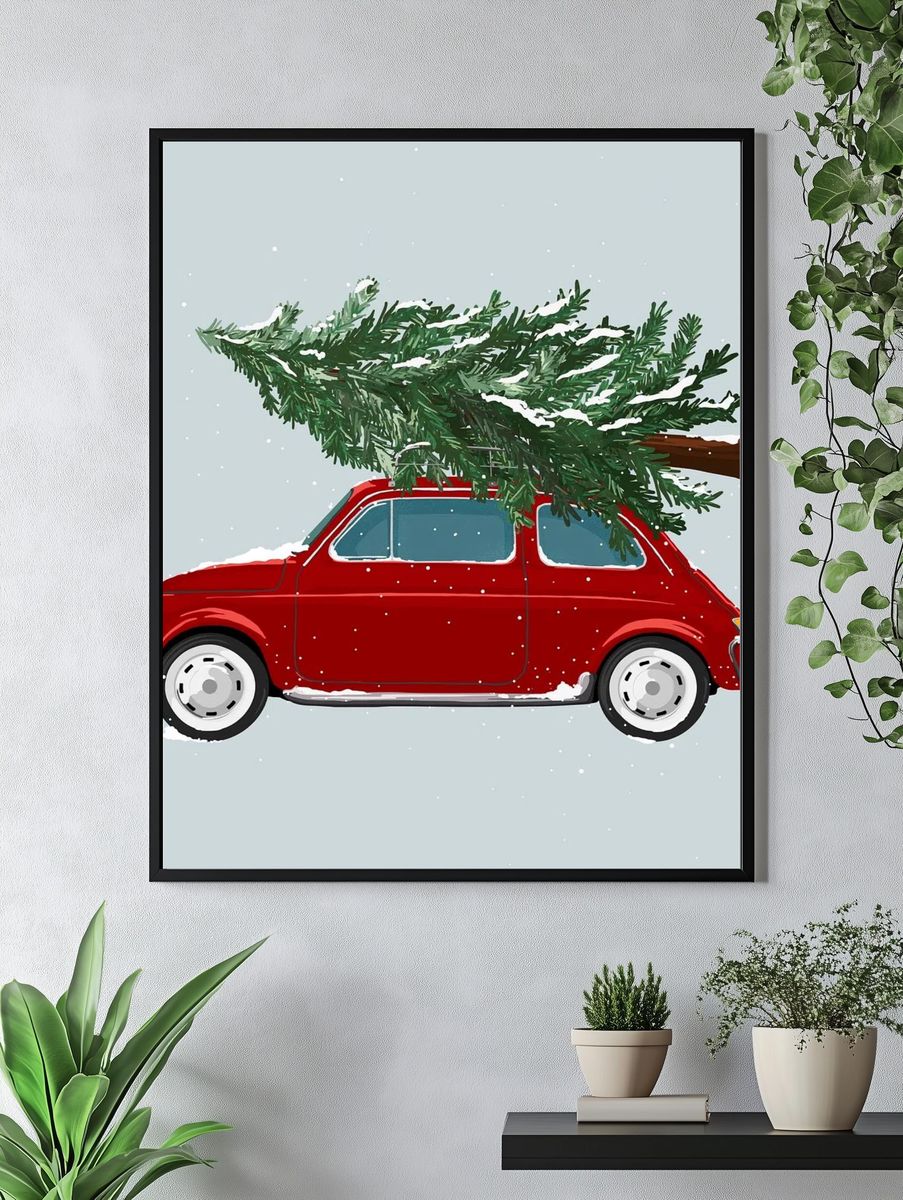 Red Car with Christmas Tree — Holiday Print. — room view 4