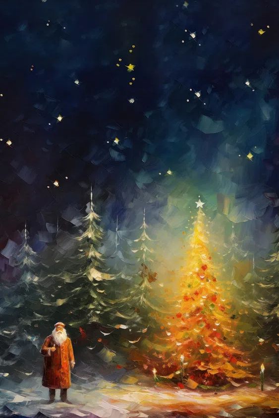 Santa Claus by the Christmas Tree Poster. poster detail